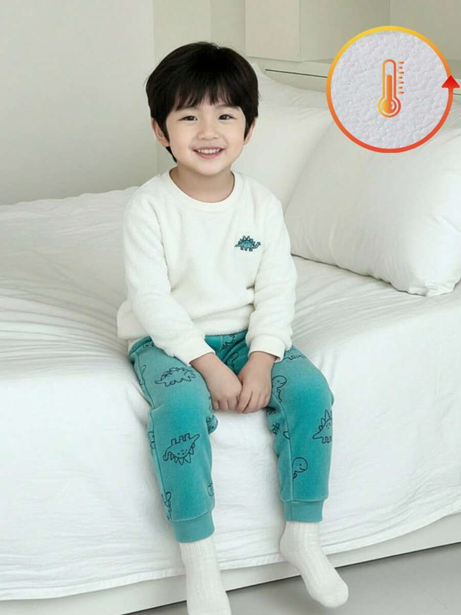 男童加厚柔软超细抓绒可爱小恐龙印花圆领长袖上衣和恐龙印花长裤套装 - 彩色 - 查看 1