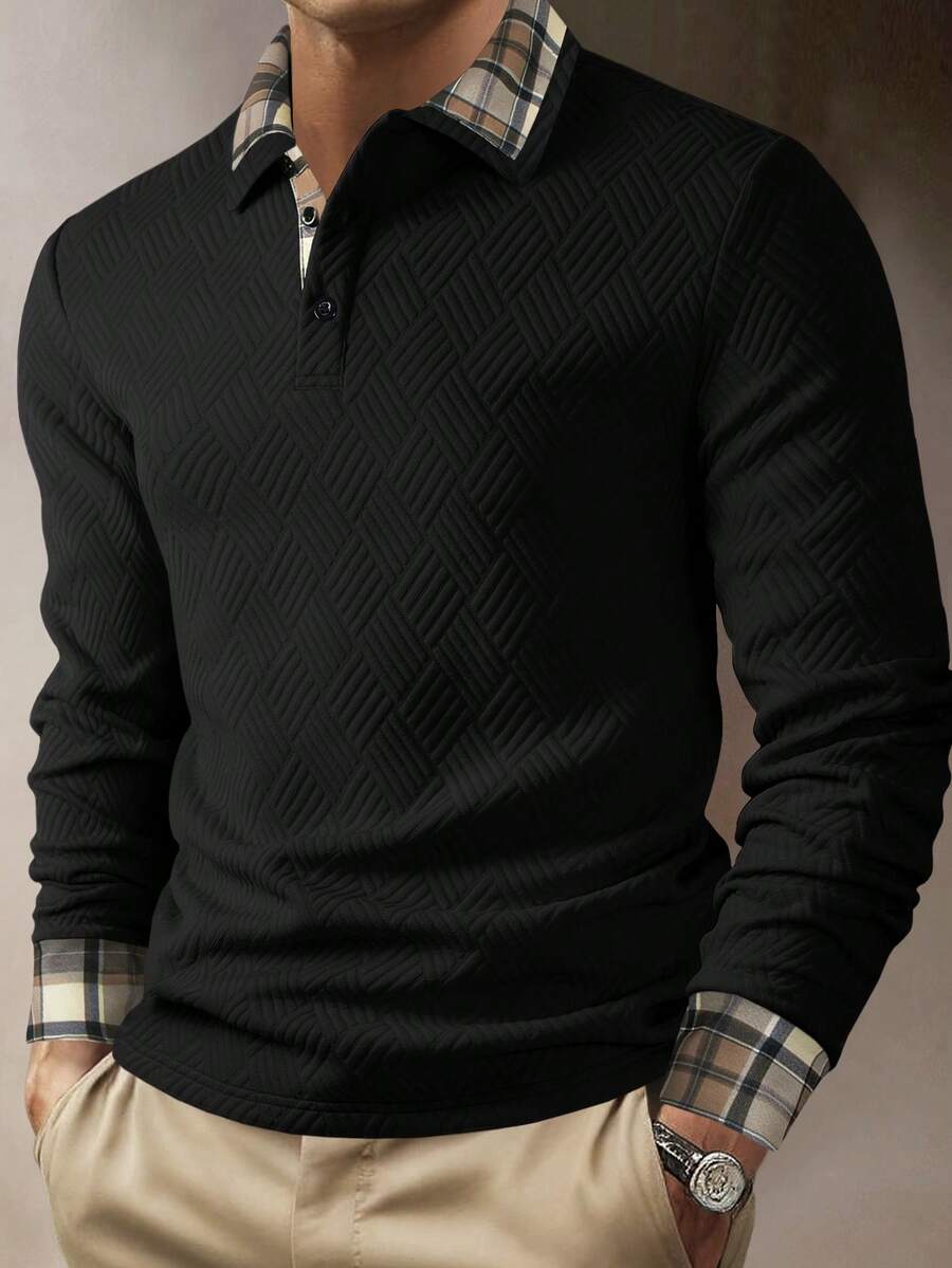 Manfinity Mode 男士长袖纹理面料拼接格子图案 Polo 衫，适合秋冬季休闲穿着和户外搭配 - 黑色 - 查看 1