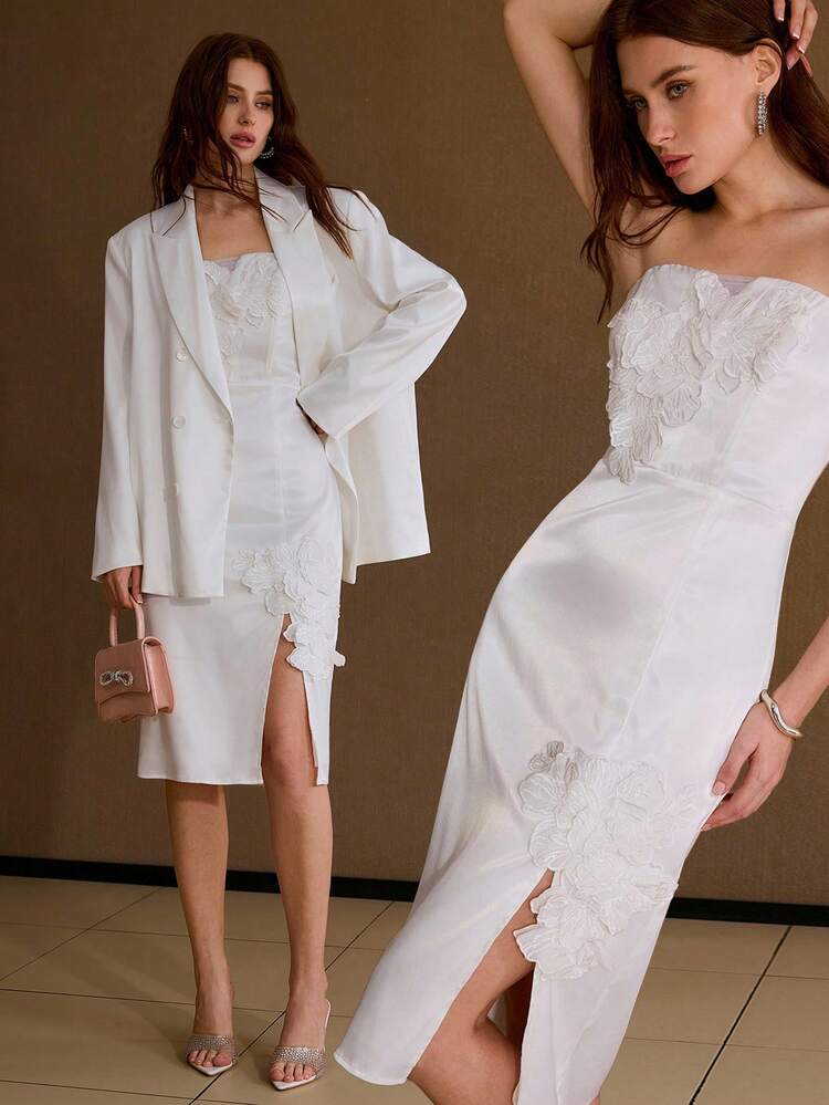 Abito con spacco sulla coscia e ricamo floreale