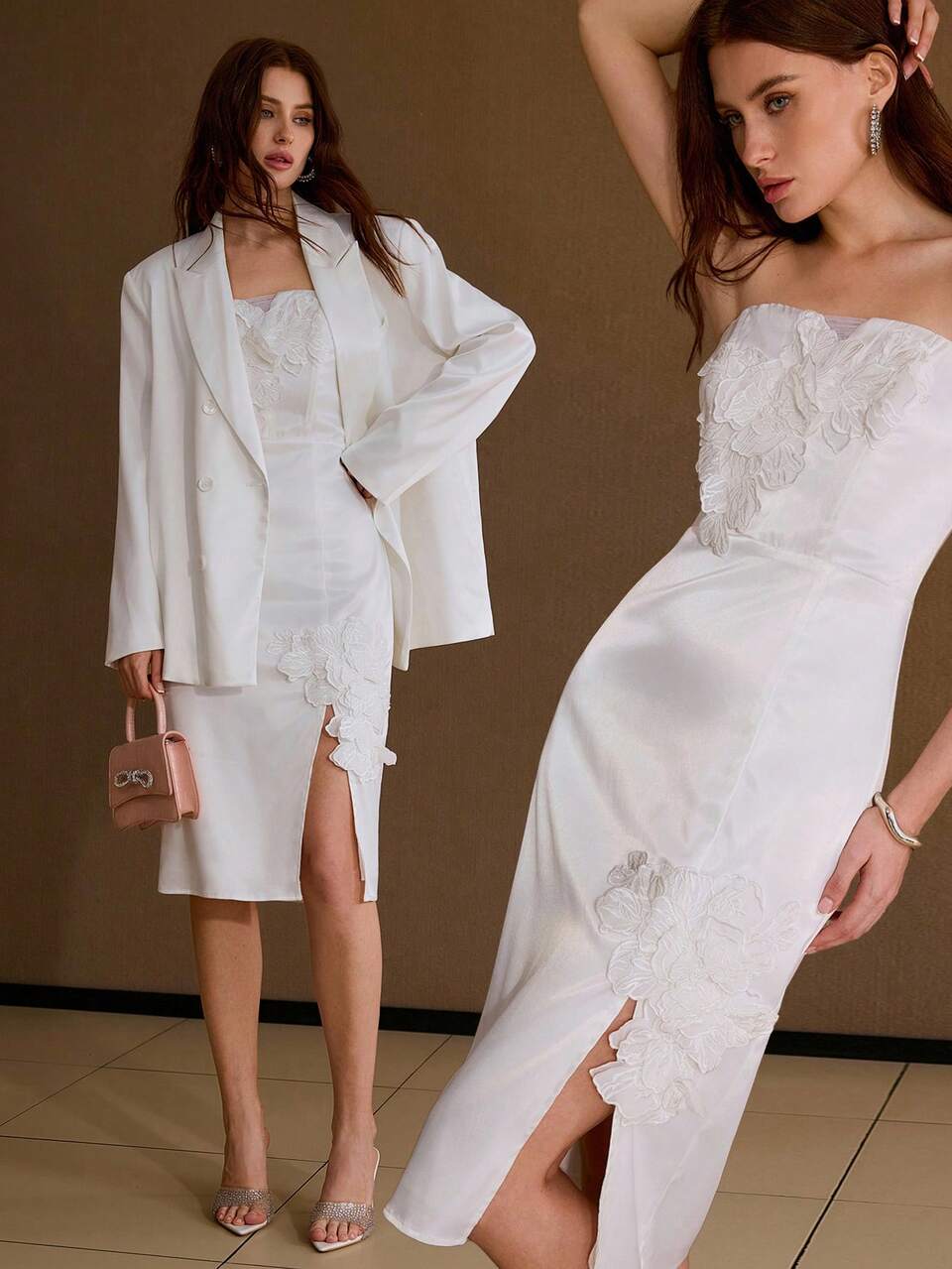 FLORAL EMBROIDERY THIGH SLIT DRESS