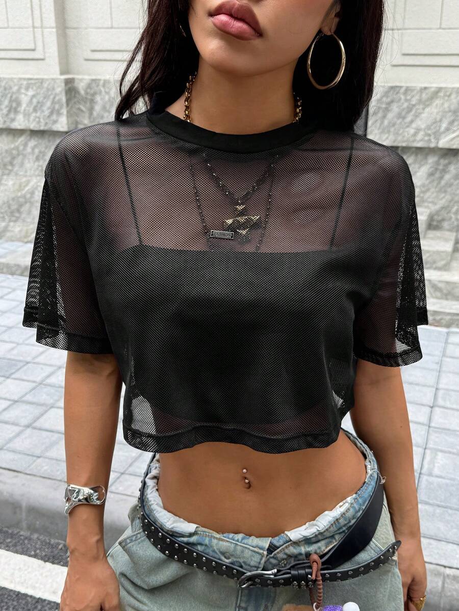 SHEIN EZwear Women's Short Sleeve Black Mesh Top