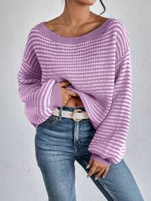 SHEIN VCAY 大码女式露肩横条纹套头毛衣，商务休闲/度假/乡村风上衣 - 紫色 - 查看 4