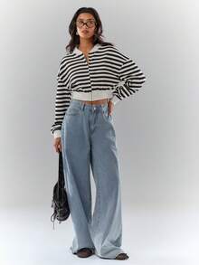 Glamine Chaqueta casual con cremallera de manga larga, cuello de béisbol elástico de punto en blanco y negro, adecuada para uso diario