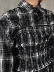 FRIFUL 女士格子长袖纽扣衬衫和褶裥吊带背心休闲两件套