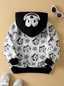 SHEIN Felix The Cat Young Girl Cute Cartoon Cat Pattern Sweatshirt, Black & White Adorable Graphic Long Sleeve Sweatshirt - Black - View 2