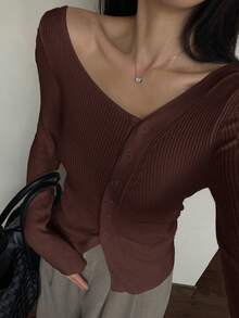 DAZY Cárdigan de punto de manga larga con un solo botonadura, cuello en V, hombros oblicuos y costillas de unicolor para mujer, primavera - Marrón Chocolate - Ver 4