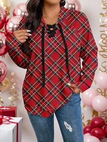 SHEIN LUNE Sudadera con capucha de manga larga de corte holgado con estampado a cuadros navideño para mujer talla grande, rojo para fiesta de Año Nuevo, top rojo, invierno para mujer, invierno para mujer, Año Nuevo, para Año Nuevo, mujer de Año Nuevo, a cuadros - Multicolor - Ver 1
