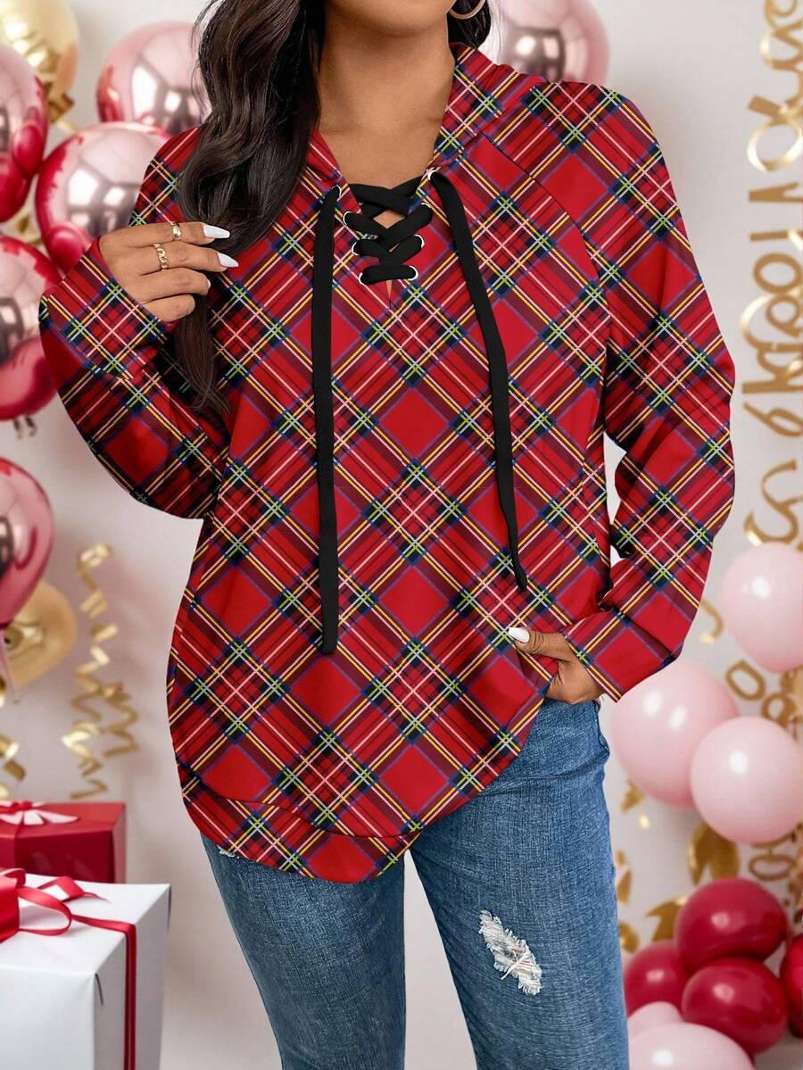 SHEIN LUNE Sudadera con capucha de manga larga de corte holgado con estampado a cuadros navideño para mujer talla grande, rojo para fiesta de Año Nuevo, top rojo, invierno para mujer, invierno para mujer, Año Nuevo, para Año Nuevo, mujer de Año Nuevo, a cuadros - Multicolor - Ver 1