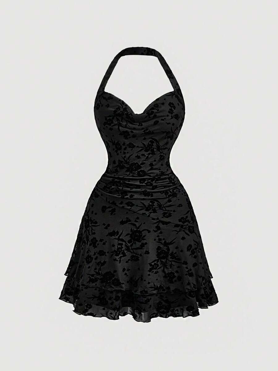 SHEIN MOD 黑色复古露背连衣裙，适合女士，秋冬服装，秋季女装，女士锐舞节服装，女巫风格服装，音乐会女装，演出服 - 黑色 - 查看 1