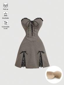 SHEIN MOD 女士束胸紧身胸衣式连衣裙，撞色蕾丝，千鸟格印花，蝴蝶结，开衩设计，返校季服装，抹胸连衣裙，不含胸罩
