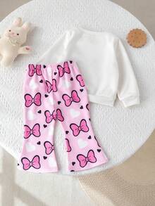 SHEIN Babygirl Cute Casual Cartoon Print Long Sleeve Sweatshirt & Elastic Waist Pants Set - Beige - View 2