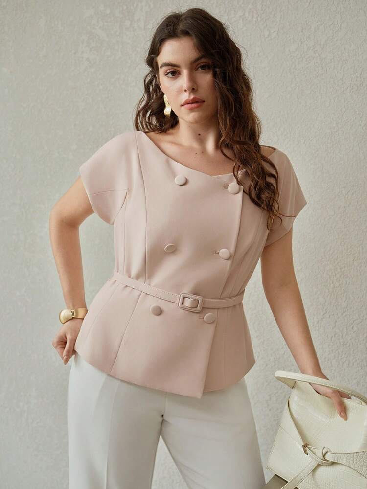 PLUS SIZE SPRING DOUBLE-BREASTED BELTED CAP SLEEVE BLOUSE