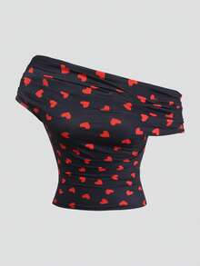 Olithes Versatile Women's T-Shirt Valentine's Day Heart Print T-Shirt Fashionable Off-Shoulder T-Shirt Halter Neck Top Off Shoulder Top Crop Top Heart Print Top Ruched Top Y2k Clothes Women Tops Halter Top Womens Tops - Multicolor - View 3