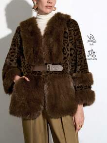Aalyst 女士优雅休闲奢华豹纹常规版型人造毛皮外套，适合万圣节、圣诞节、新年、感恩节、冬季穿着 - 咖啡棕 - 查看 8