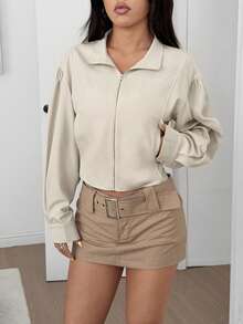 SHEIN EZwear 女士休闲纯色风衣 - 杏色 - 查看 5