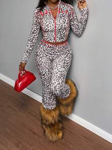 Slaydiva 2025 Autumn And Winter New Style Music Festival Holiday Western Style Nomadic Style Birthday Party Graduation Season Student Wear Daily Street Basic Versatile Casual Letter Print Zipper Neck Tight Long Sleeve Pull Sports Yoga Leopard Print Jacket And Leggings Women's Two-Pieces Set Back To School, Graduation - Multicolor - View 3