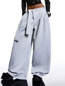 LYSMO 2025新款极简主义女士休闲加厚面料系带阔腿运动裤，秋冬季女士圣诞节新年感恩节时尚百搭系列 - 淺灰色 - 查看 4