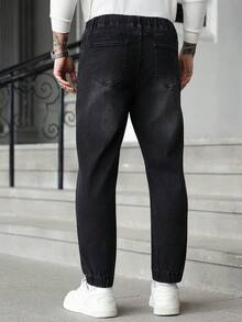 Manfinity Homme 男士抽绳腰带口袋直筒宽松休闲百搭牛仔裤 - 黑色 - 查看 2