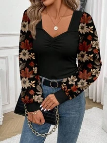 SHEIN Frenchy Casual Vintage Commuter Versatile Elegant Warm, Leaf Print Pattern, Square Neck Long Gigot Sleeve Fitted Women T-Shirt, Comfortable And Warm For Autumn/Winter Spring - Multicolor - View 4