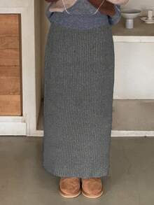 DAZY Rok Midi Rajut Panjang Kasual Warna Polos untuk Anak Perempuan Remaja, Musim Gugur/Dingin - Grey - View 3