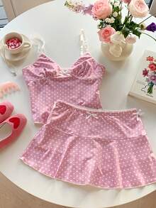 Comfortcana 女士波点印花蝴蝶结装饰吊带背心和迷你裙两件套 - 粉色 - 查看 3