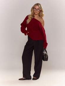 MUSERA 蓬松针织不对称肩部收腰马海毛上衣，可爱，乡村风，田园风，奶油糖色优雅晚装情人节春季情人节 - 酒紅色 - 查看 3