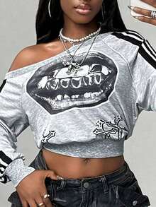 BamGleam Sudadera corta de manga larga con patrón de boca y cuello asimétrico, para mujer en invierno - Gris - Ver 4