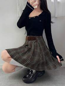 FRIFUL Gonna a-line casual e versatile da donna, con cintura in vita, decorata con pieghe e motivo a quadri, adatta per l'autunno/inverno - Castano - Visualizzare 3