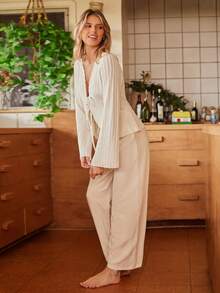 Lullawish Women's Solid Color Long Sleeve Front Tie Pajama Top - Apricot - View 3