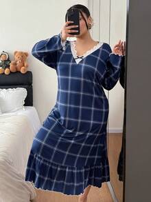 Napfluff CURVE Napfluff CURVE Plus Size Women's Navy Blue Plaid Print Ruffle Trim Lace V-Neck Bow Tie Super Soft Milk Silk Long Sleeve Nightgown, Casual Comfortable Wear As Midi Dress, Moo Moo Night Dress - Navy Blue - View 5