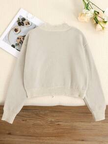 SHEIN Tween Girls' Apricot Cute Casual Contrast Black Butterfly Round Neck Long Sleeve Cropped Sweater Top, Suitable For Spring, Autumn, Winter, Clean Girl Style, Chinese New Year, Valentine's Day - Apricot - View 2