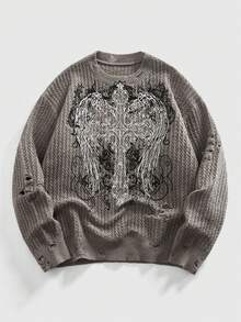 ROMWE MEN Anime 男士破洞十字印花圆领长袖针织衫 - 深灰色 - 查看 1