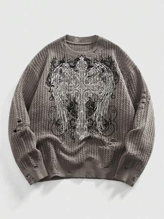 Street Life كنزة صوفية طويلة الأكمام بطاقم الرقبة مطبوعة بالصليب ممزقة للرجال