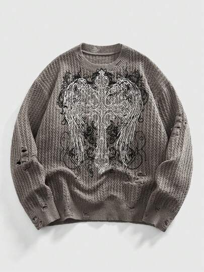 Street Life Men's Ripped Cross Print Crew Neck Long Sleeve Knit Sweater