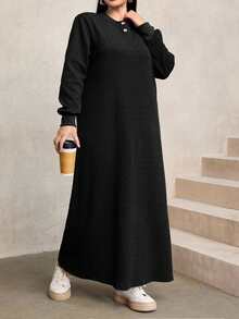 Modelyn 女士休闲宽松纹理面料圆领长连衣裙，藏蓝色，秋冬款 - 黑色 - 查看 7