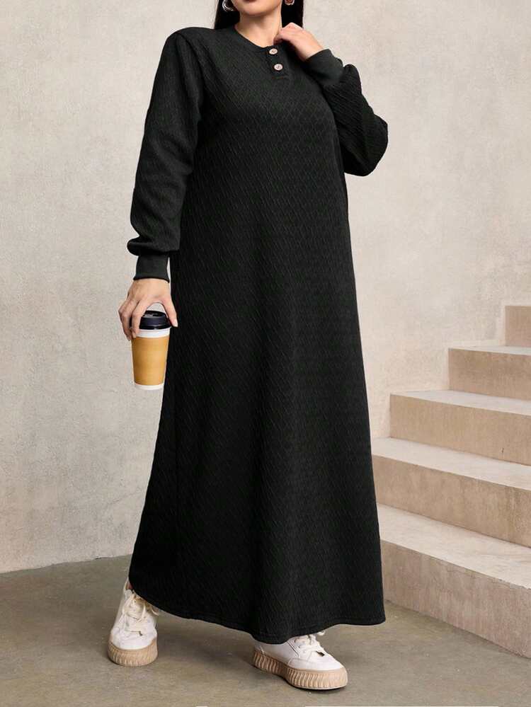 Modelyn 女士休闲宽松纹理面料圆领长连衣裙，藏蓝色，秋冬款 - 黑色 - 查看 7