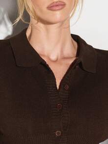 KIZN Ribbed Knit Button Up Cropped Cardigan With Collared Neckline Long Sleeve Cinched Waist Fall Winter Cozy Knitted Top - Brown - View 5