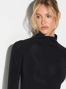 KIZN Long Sleeve Mesh Fitted High Neck Hoodie Top With See Through Panel Details For Women - Black - View 5