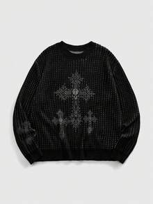 ROMWE MEN Goth 男士十字图案圆领宽松休闲毛衣 - 黑色 - 查看 1
