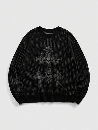 Street Life Suéter casual de cuello redondo con estampado de cruz, corte holgado para hombre