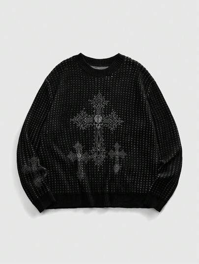 Street Life Herren Kreuz Grafik Rundhals Loose Fit Lässig Pullover