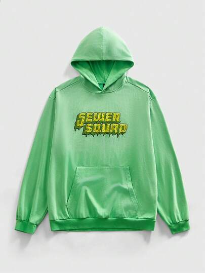 TEENAGE MUTANT NINJA TURTLES X ROMWE Street Life Men's Casual Letter Pattern Kangaroo Pocket Hoodie, Autumn