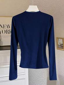 Qadelle Camiseta de terciopelo elegante color albaricoque para mujer, otoño/invierno - azul real - Ver 2