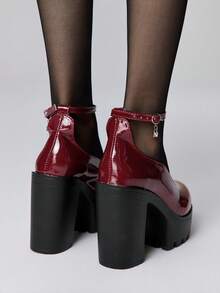 ROMWE Goth 女士闭趾交叉绑带玛丽珍鞋，朋克哥特厚底厚跟绑带搭扣JK制服鞋，防水正式工作高跟鞋 - 酒紅色 - 查看 5