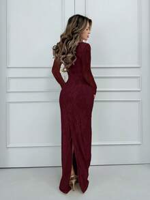 Jemour 女士秋冬新款派对/约会夜/晚会性感 S 形蕾丝长袖紧身胸衣式圆领修身长裙，黑色 - 酒紅色 - 查看 2