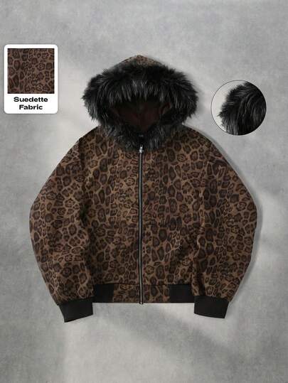 ROMWE MEN Street Life Sweat-shirt à capuche zippé vintage imprimé léopard américain KPOP, Top à manches longues