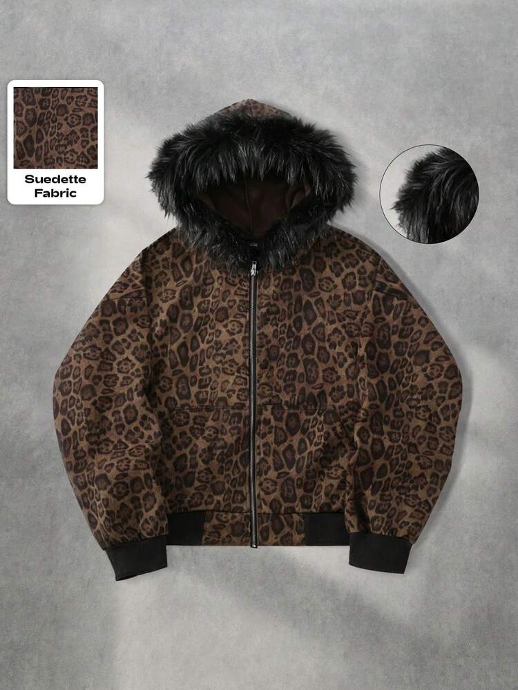 ROMWE MEN Street Life Áo nỉ dài tay có mũ, khóa kéo, in họa tiết da báo, phong cách KPOP cổ điển. - Màu nâu Sô-cô-la - Xem 1