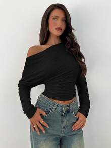 Aloruh Áo crop top dáng ôm, màu trơn tối giản, cổ bẻ, không đối xứng, thoải mái khi đi làm cho nữ, mùa xuân/thu - màu đen - Xem 1