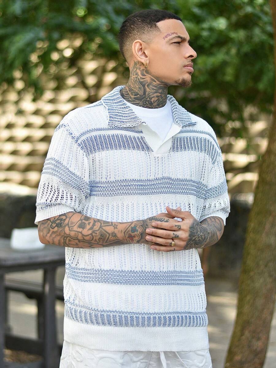Devon Thys Camisa polo de manga corta tejida con rayas huecas para hombre - Azul y blanco - Ver 1