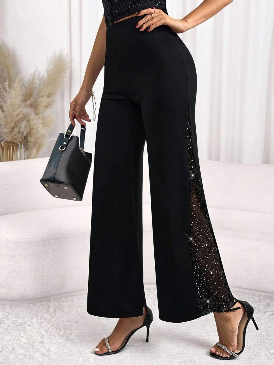 Editum Ladies Elegant Mesh & Glitter Splice Black Slim Straight Leg Pants, Fit For Commuting, Casual And Daily Wear, Spring/Summer - Black - View 1